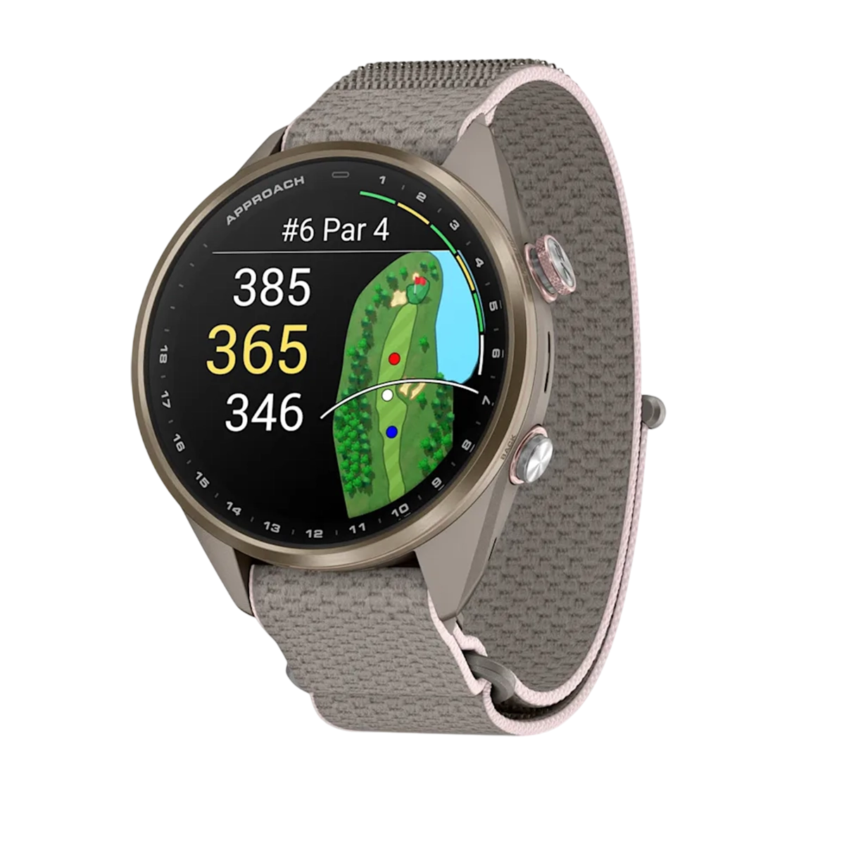 Смарт-часы Garmin Approach S72 43mm Soft Gold/Blush Pink Titanium Bezel with French Gray/Blush Pink ComfortFit Fabric Band (010-04147-01/04)