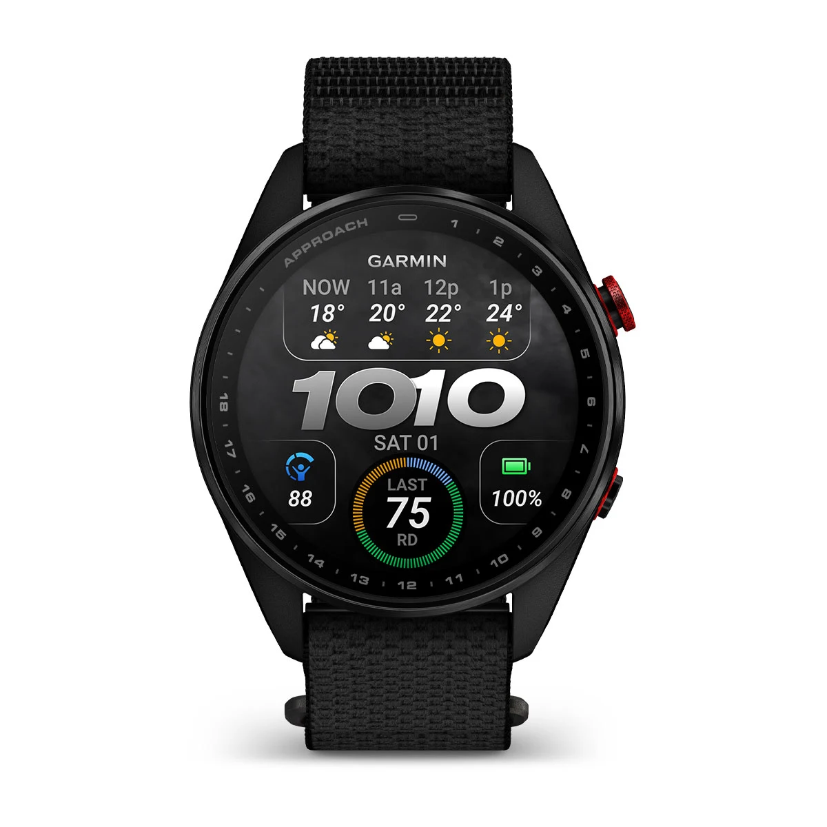 Смарт-годинник Garmin Approach S72 47mm Carbon Gray/Red DLC Titanium Bezel with Black ComfortFit Fabric Band (010-04148-00/02)