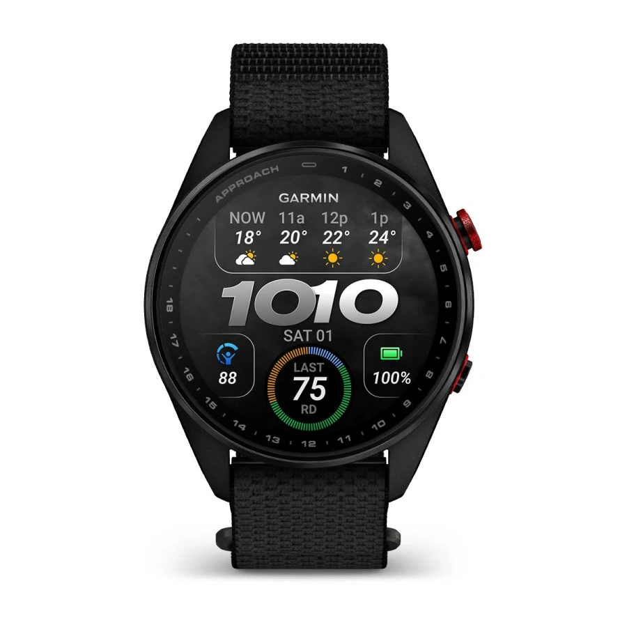Смарт-годинник Garmin Approach S72 47mm Carbon Gray/Red DLC Titanium Bezel with Black ComfortFit Fabric Band (010-04148-00/02)